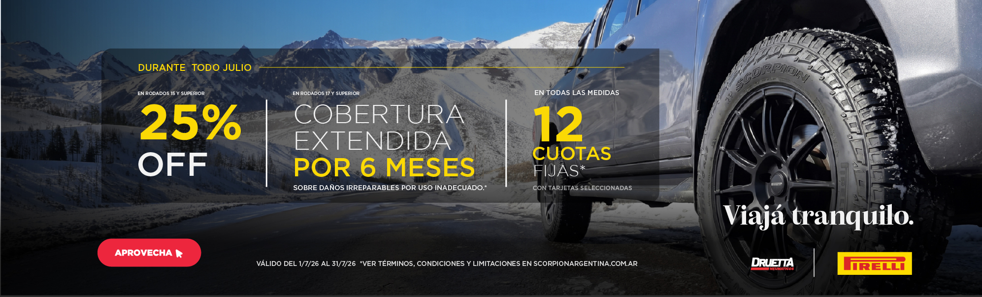 Promo Julio en neumáticos Pirelli con 25% de descuento en rodados 15 o superior, cobertura extendida en rodados 17 o superior y 12 cuotas.