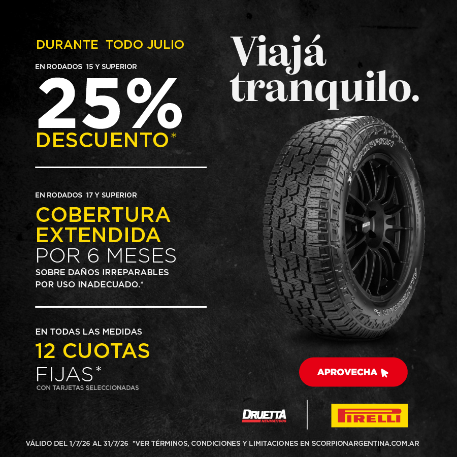 Promo Julio en neumáticos Pirelli con 25% de descuento en rodados 15 o superior, cobertura extendida en rodados 17 o superior y 12 cuotas.