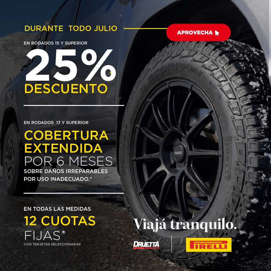 Promo Julio en neumáticos Pirelli con 25% de descuento en rodados 15 o superior, cobertura extendida en rodados 17 o superior y 12 cuotas.